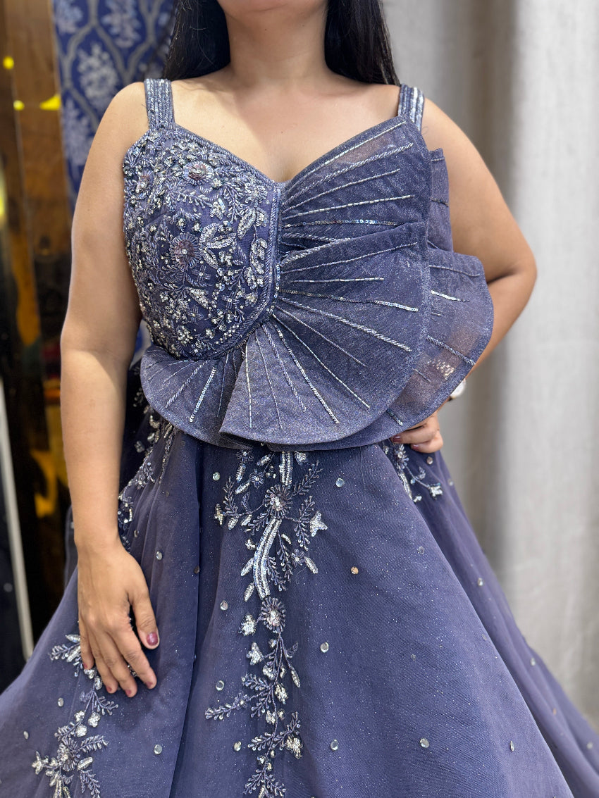 Greyish blue hand embroidered ball gown with designer details