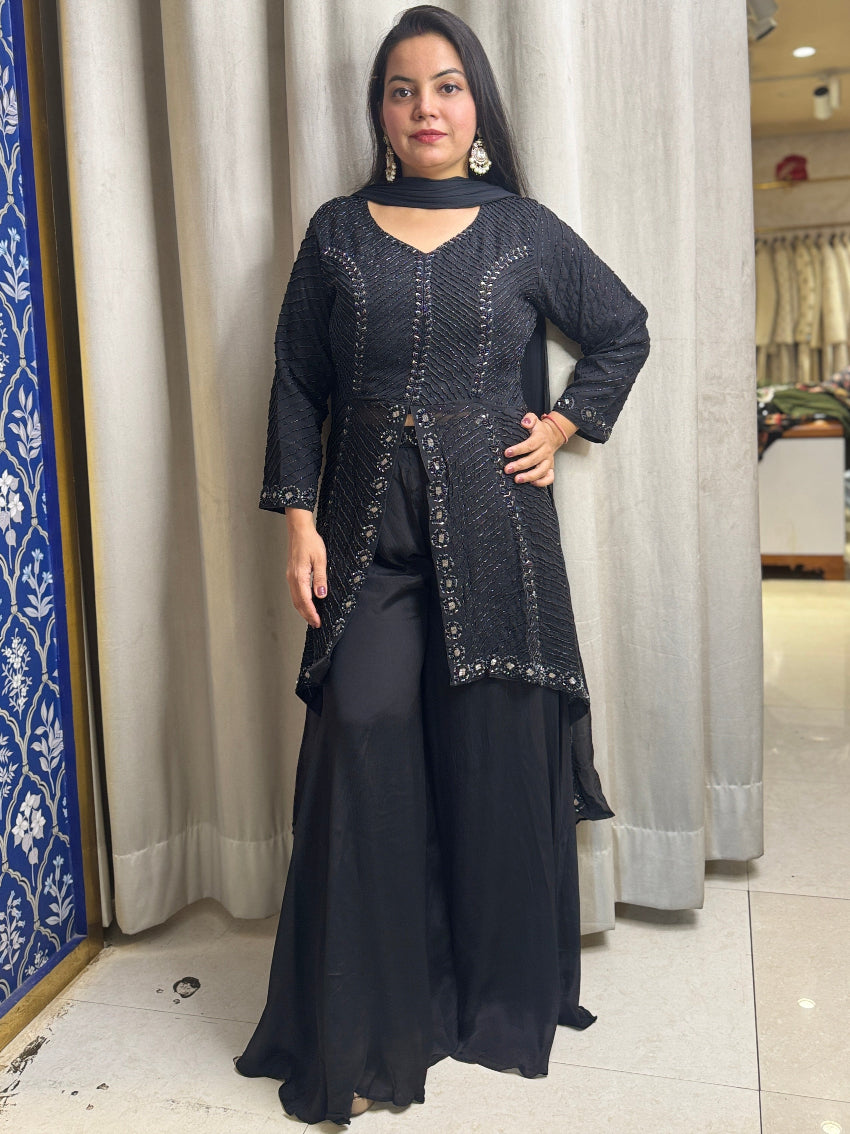 Heavy Black palazzo suit with Asymmetrical Kurta embellished with cutdana and beads
