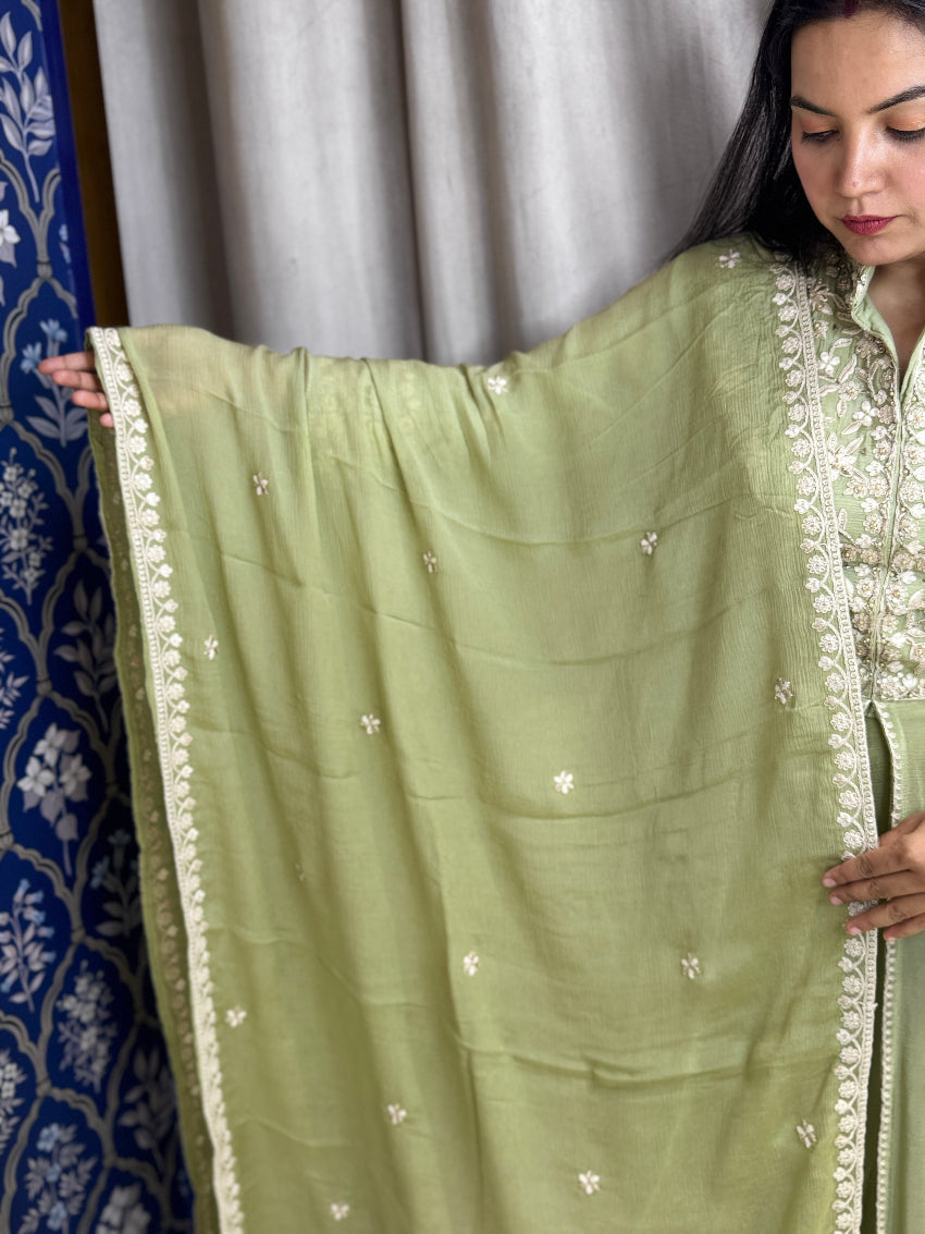 Woman holding a light green saree with intricate patterns against a neutral background