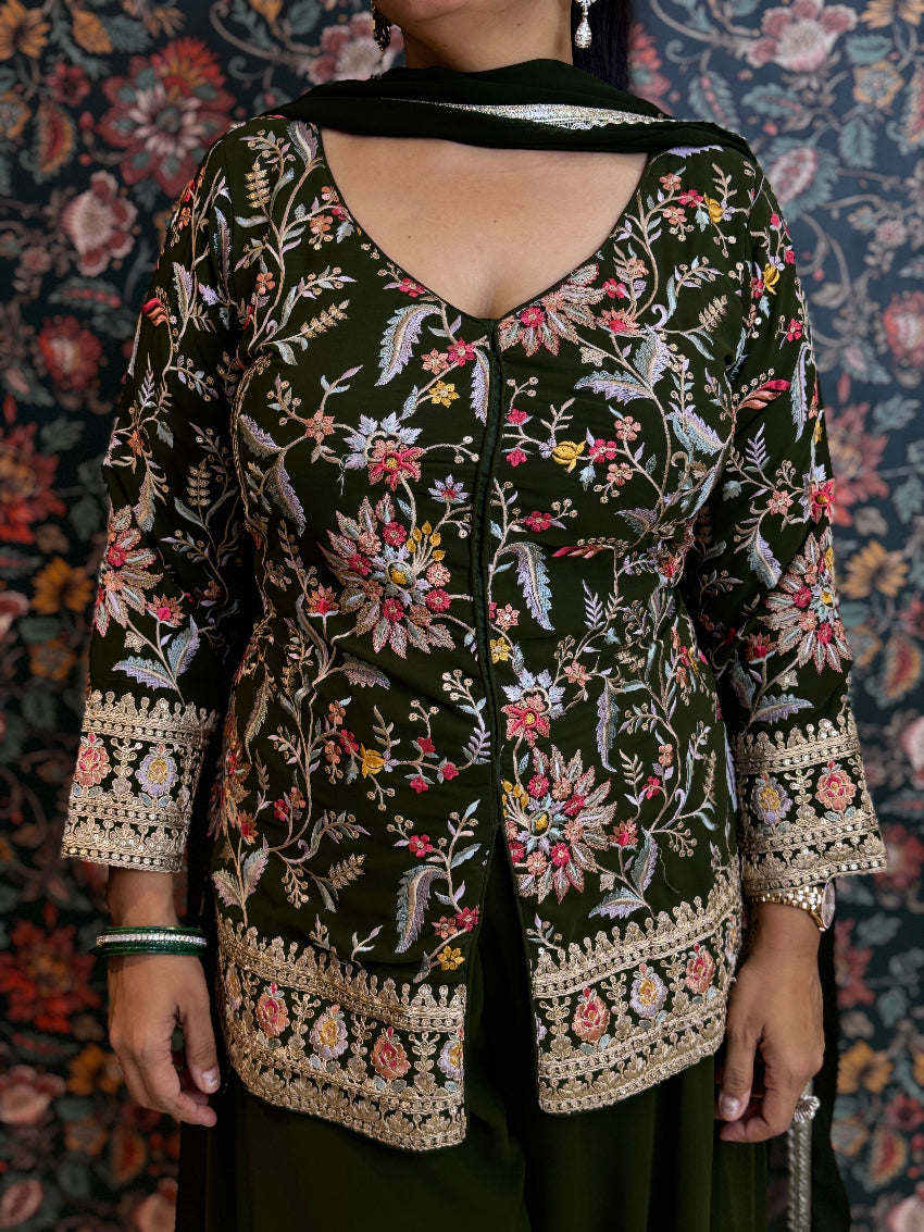 Embroidered jacket with floral patterns on a patterned background