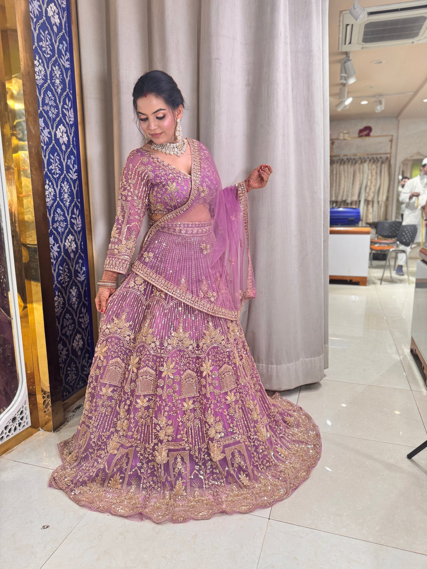 Lilac premium lehenga with hand embroidery on the blouse and bottom