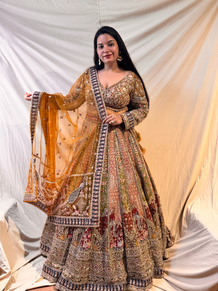 Woman in a traditional embroidered outfit with a white draped background