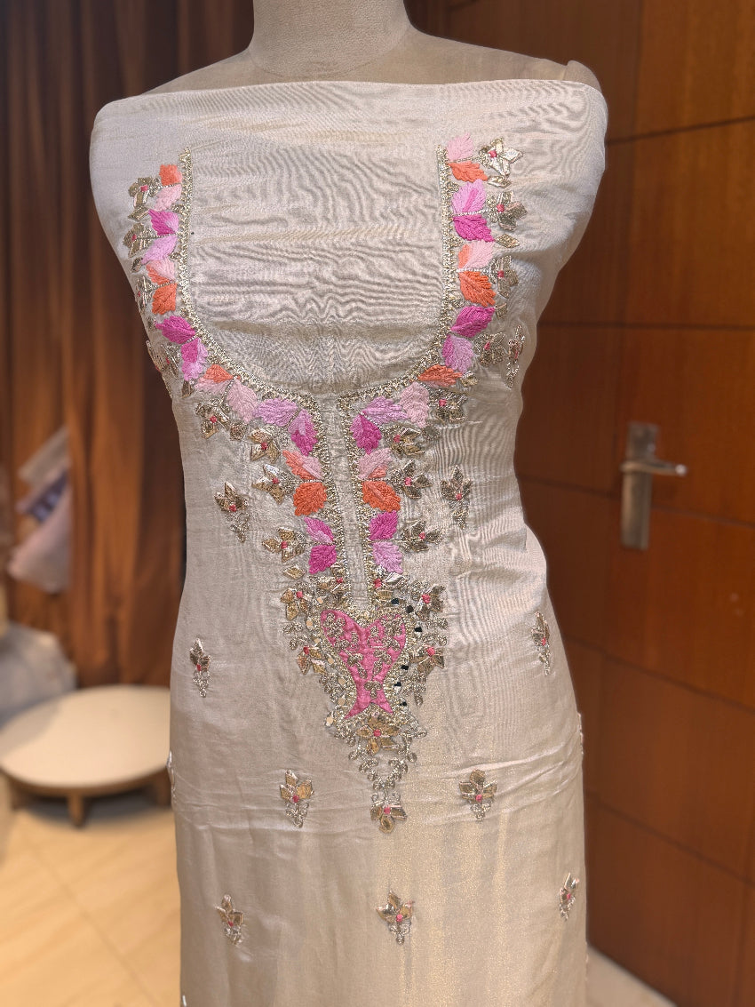 Ivory Gota patti heavy embroidered unstitched suit with Banarasi dupatta