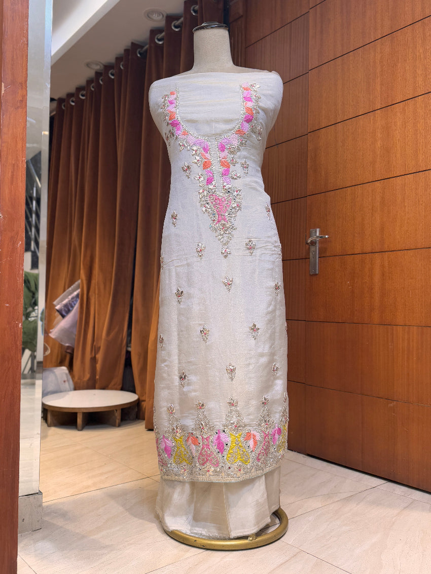 Ivory Gota patti heavy embroidered unstitched suit with Banarasi dupatta