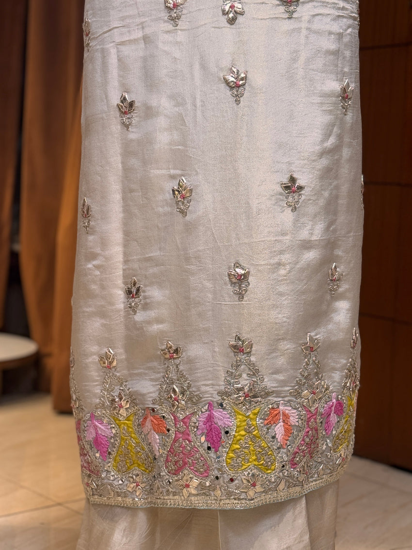Ivory Gota patti heavy embroidered unstitched suit with Banarasi dupatta