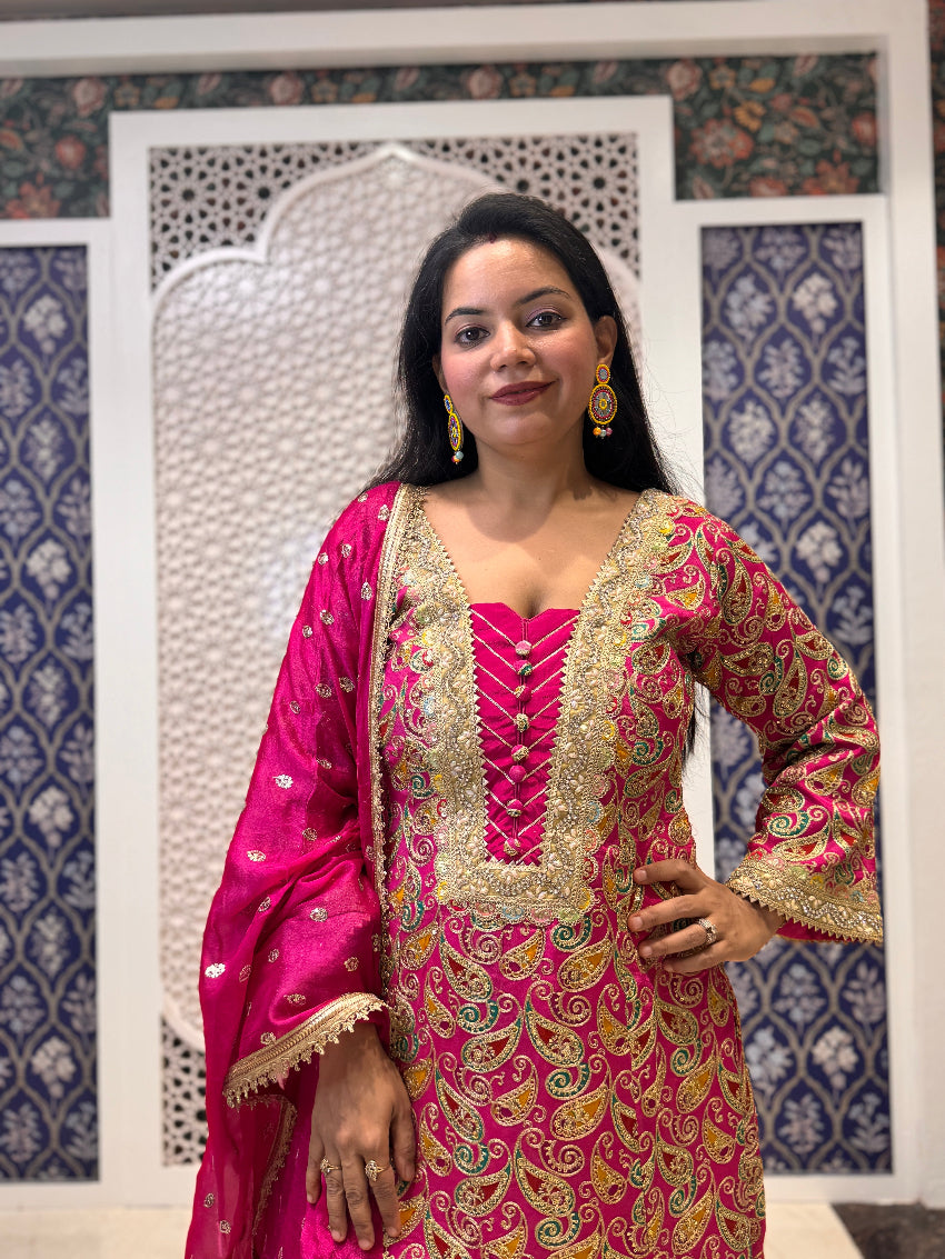 Hot pink Heavy embroidered peplum kurta with tassels and farshi salwar