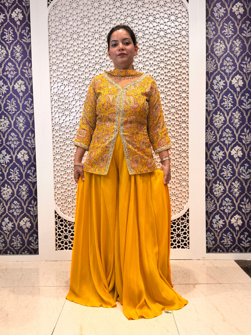 Mustard yellow heavy embroidered short kurta with elephant palazzo