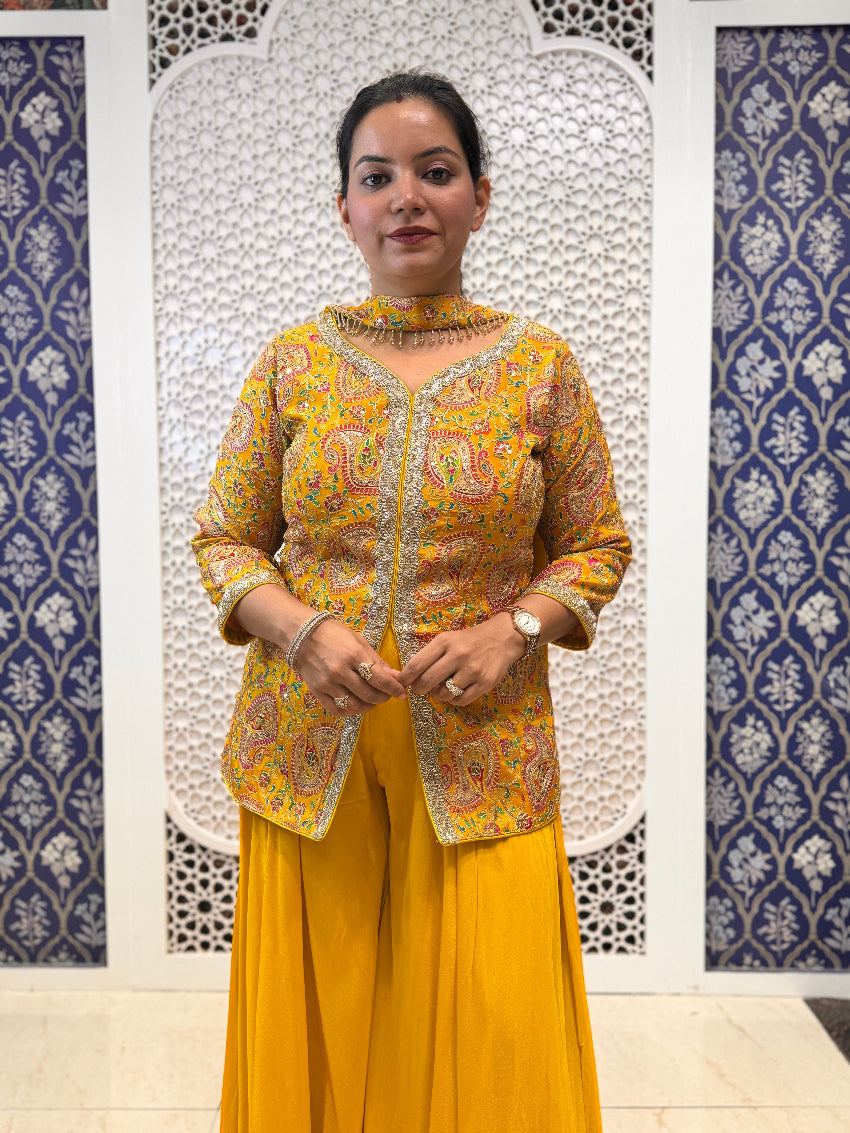 Mustard yellow heavy embroidered short kurta with elephant palazzo