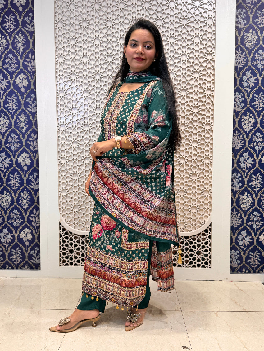 Bottle green floral printed crepe suit with coin tassels