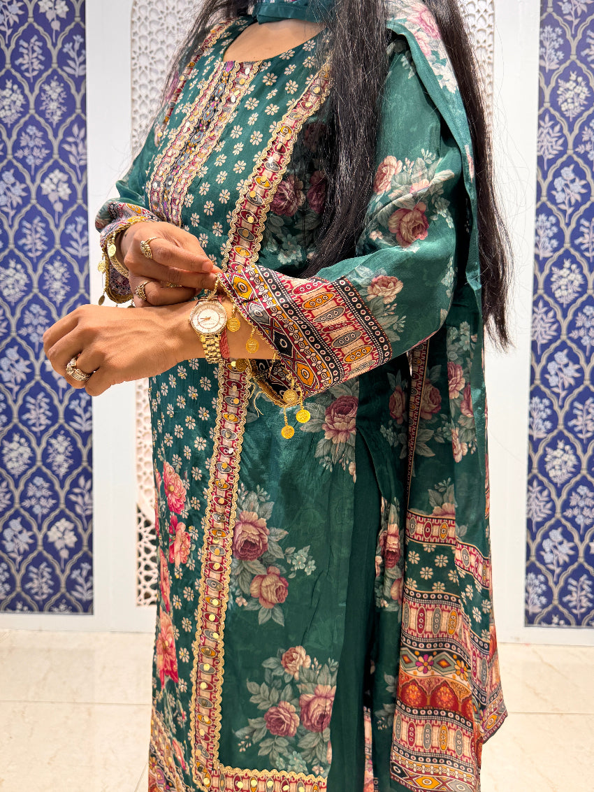 Bottle green floral printed crepe suit with coin tassels