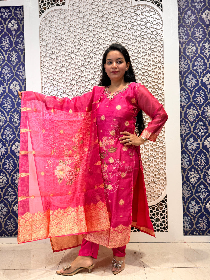 Pink floral Maheshwari silk suit with zari weaving