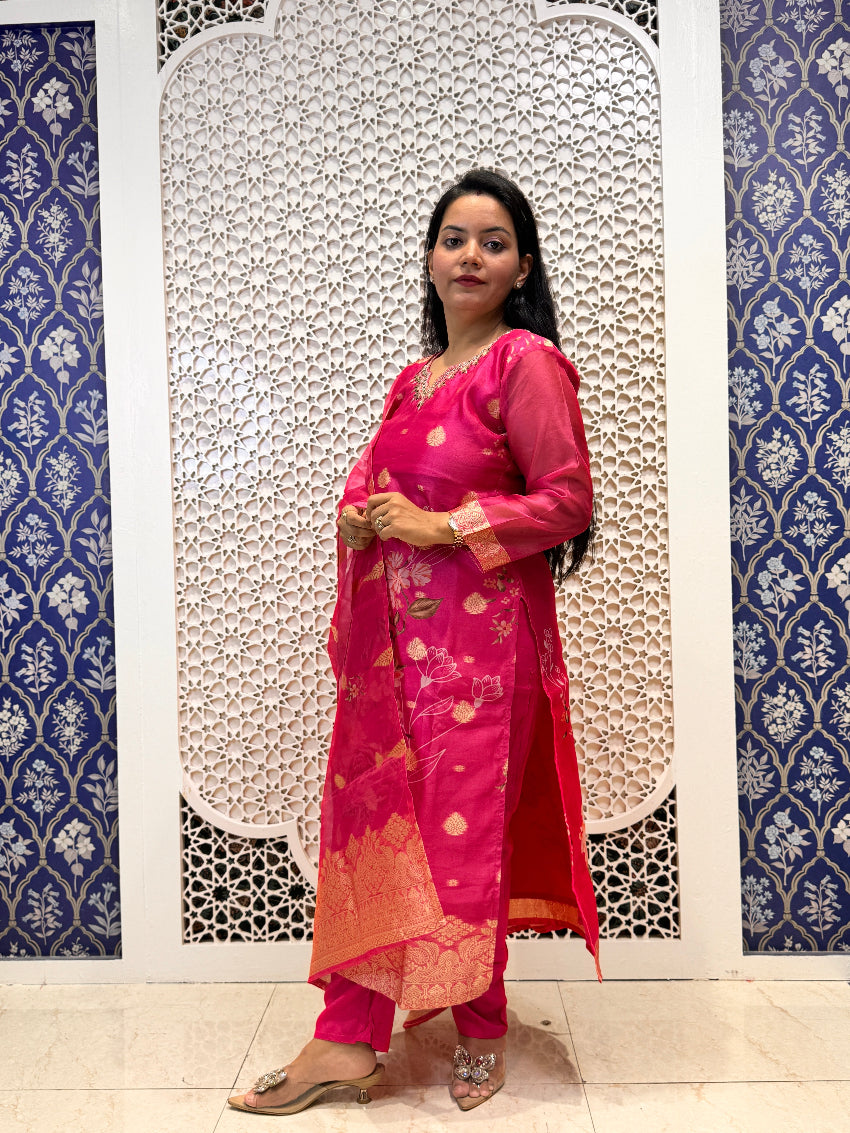 Pink floral Maheshwari silk suit with zari weaving