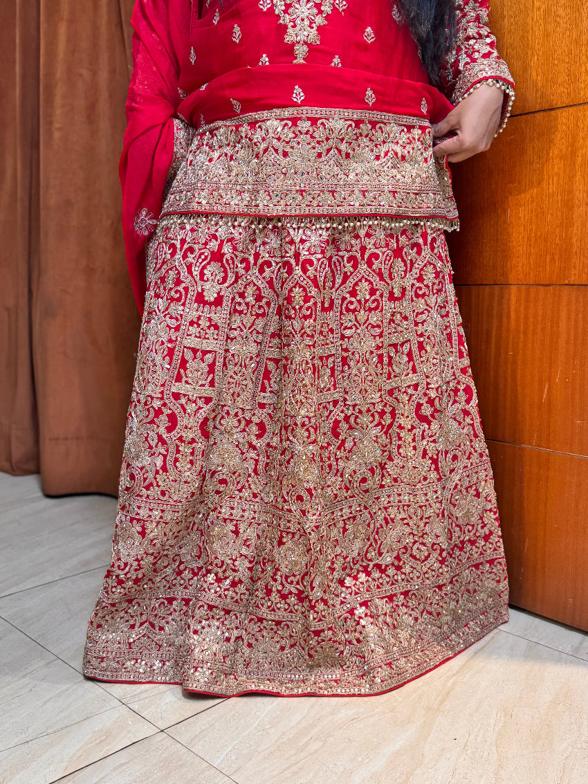 Karwachauth special Red kurta with heavily Embroidered skirt,sleeves and dupatta