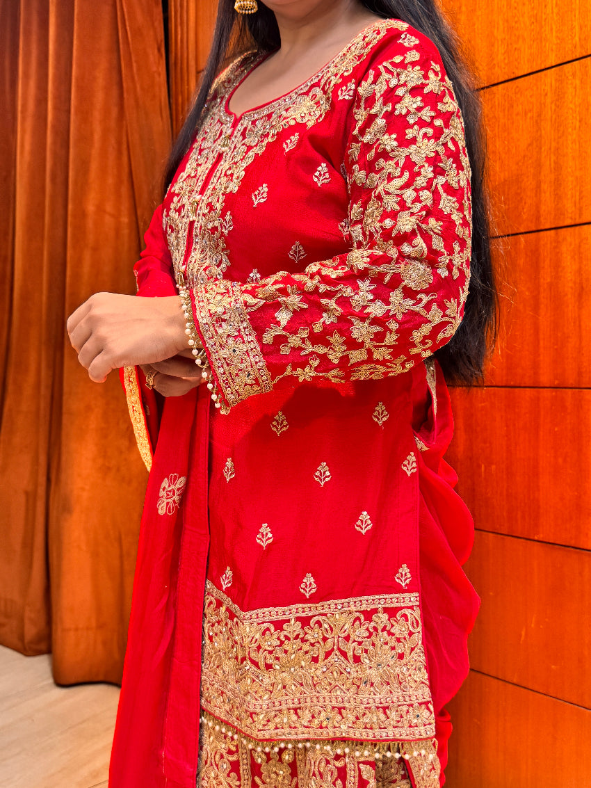 Karwachauth special Red kurta with heavily Embroidered skirt,sleeves and dupatta