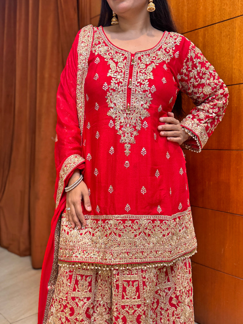 Karwachauth special Red kurta with heavily Embroidered skirt,sleeves and dupatta