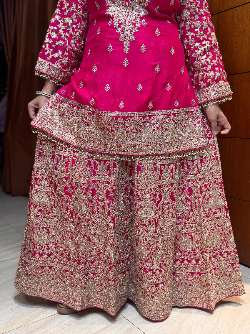 Karwachauth special Hot pink kurta with heavily Embroidered skirt,sleeves and dupatta