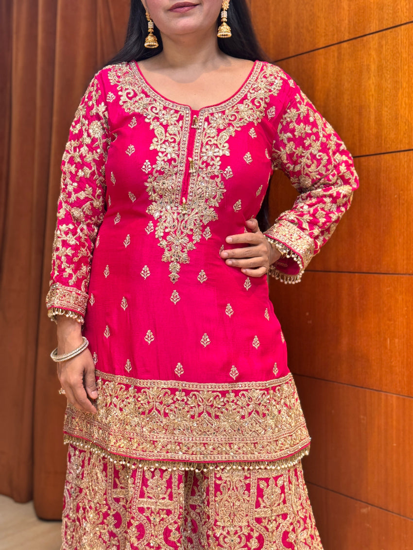 Karwachauth special Hot pink kurta with heavily Embroidered skirt,sleeves and dupatta