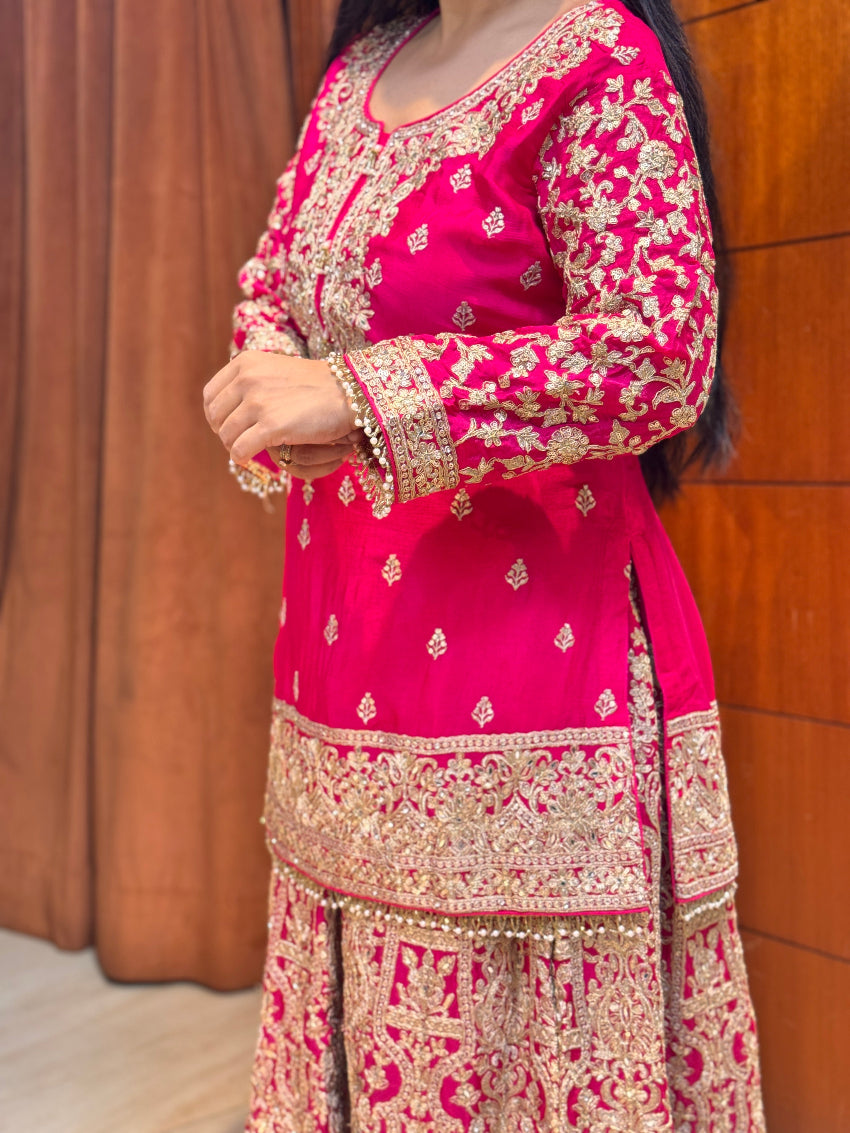 Karwachauth special Hot pink kurta with heavily Embroidered skirt,sleeves and dupatta