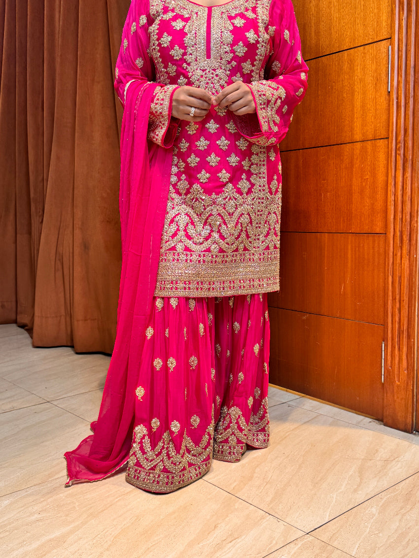 Rani pink heavy gharara suit set with intricate detailing