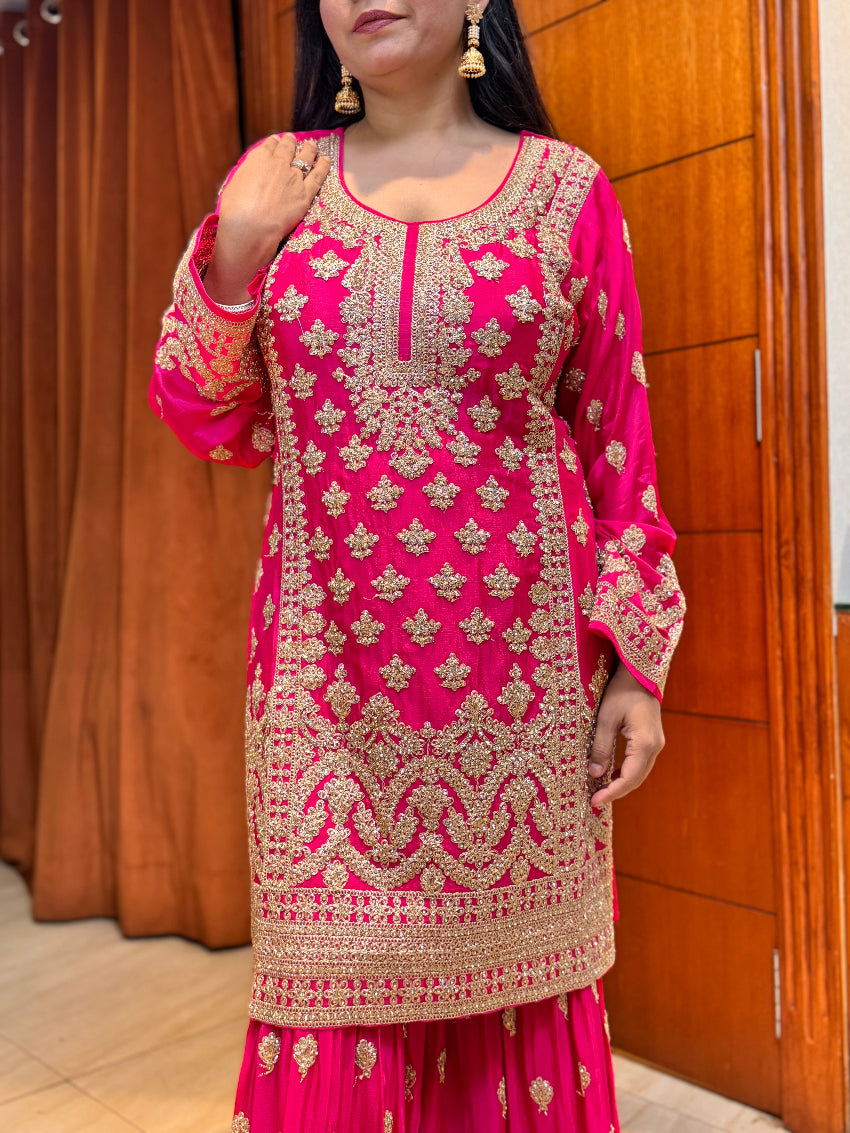 Rani pink heavy gharara suit set with intricate detailing