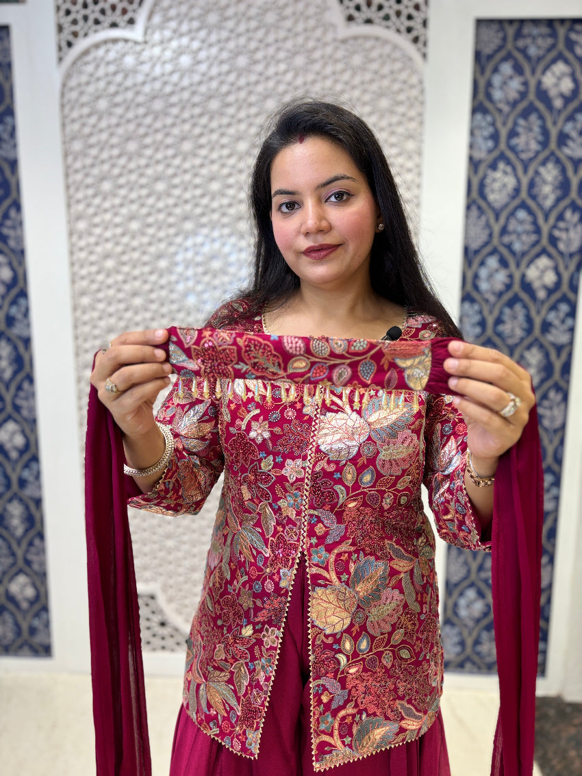 Wine Sharara set with Multi colored embroidery