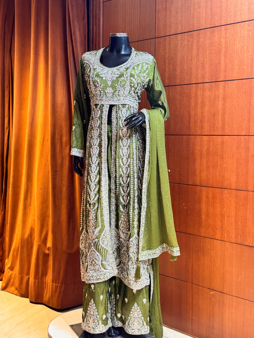 Mehendi green Heavy Embroidered front open Anarkali suit with heavy Sh DC Fashion Mehendi green Heavy Embroidered front open Anarkali suit with heavy Sh DC Fashion