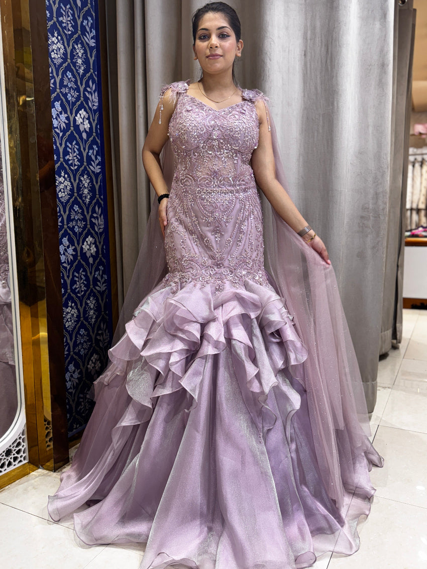 Lavender fish cut wedding gown with hand embroidery and designer sleeves