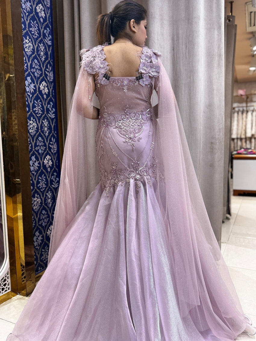 Lavender fish cut wedding gown with hand embroidery and designer sleeves