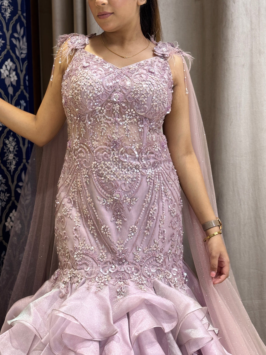 Lavender fish cut wedding gown with hand embroidery and designer sleeves