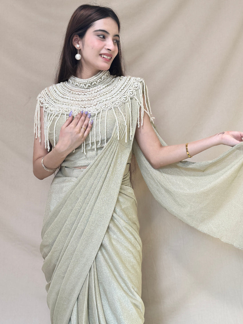 Light Pista Green Shimmery Drape Saree with Pearl Cape