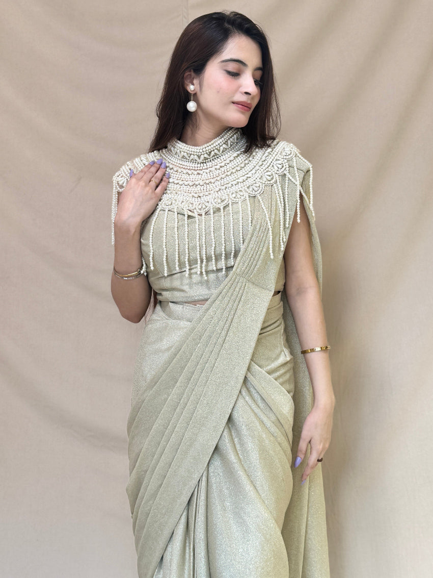 Light Pista Green Shimmery Drape Saree with Pearl Cape