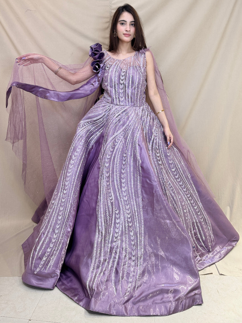 Lilac Purple Heavy Cocktail Gown with Net Flowy Sleeves and Detailing