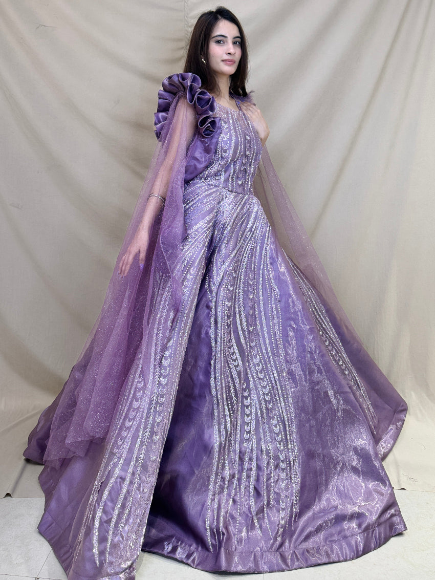 Lilac Purple Heavy Cocktail Gown with Net Flowy Sleeves and Detailing