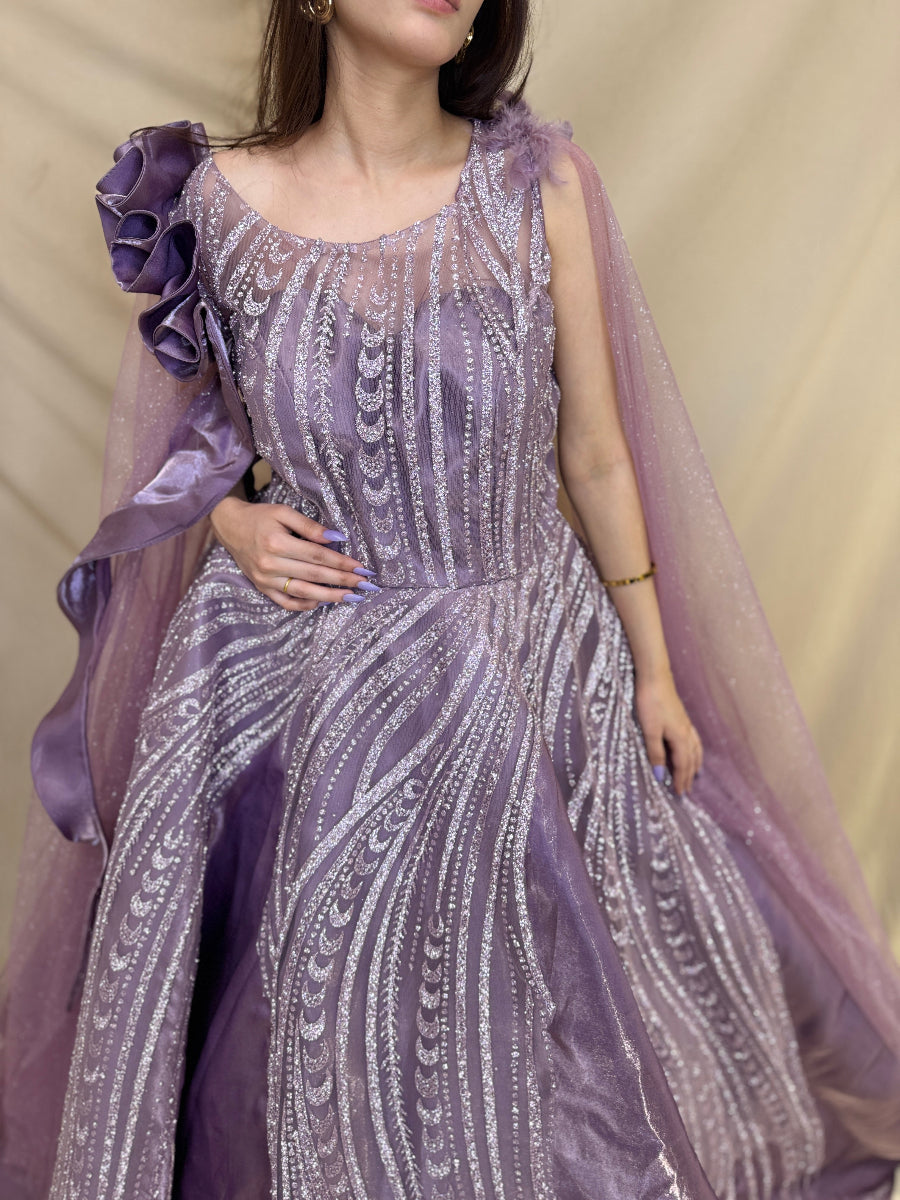 Lilac Purple Heavy Cocktail Gown with Net Flowy Sleeves and Detailing