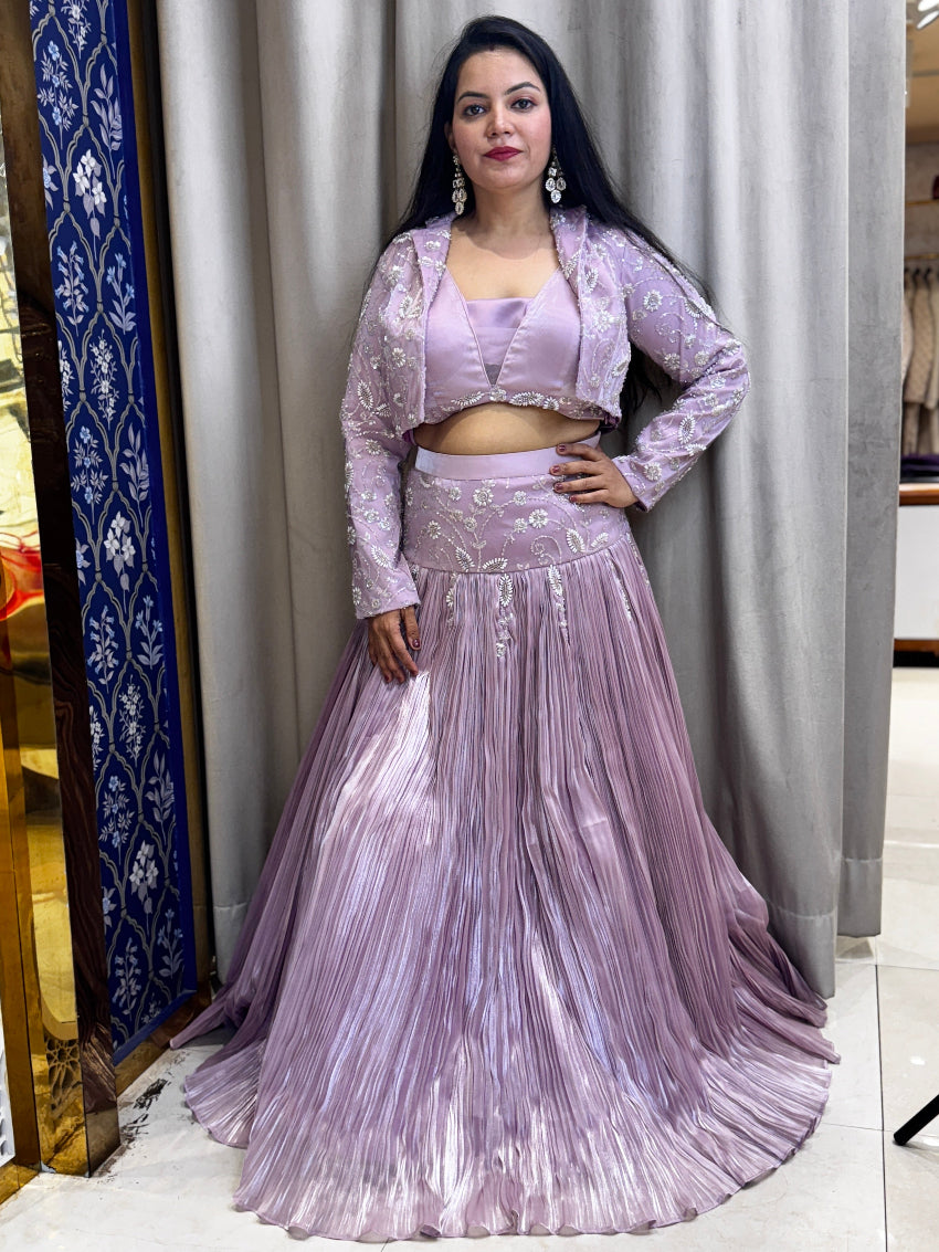 Lilac fish cut lehenga with heavy hand embroidered designer jacket and frill dupatta