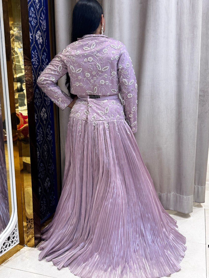 Lilac fish cut lehenga with heavy hand embroidered designer jacket and frill dupatta