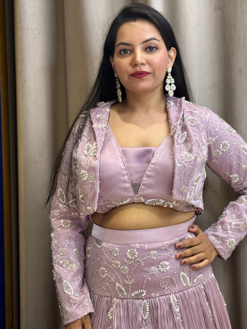 Lilac fish cut lehenga with heavy hand embroidered designer jacket and frill dupatta