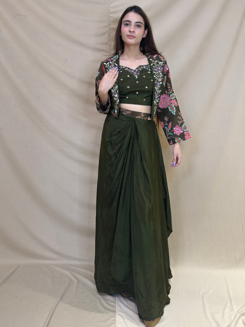 Mehandi Color Indo Western Dhoti with heavy embroidered crop jacket and a bustier