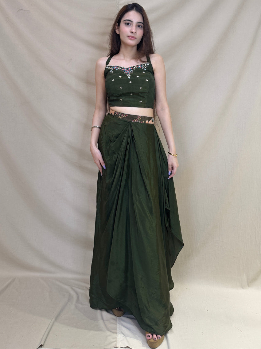 Mehandi Color Indo Western Dhoti with heavy embroidered crop jacket and a bustier