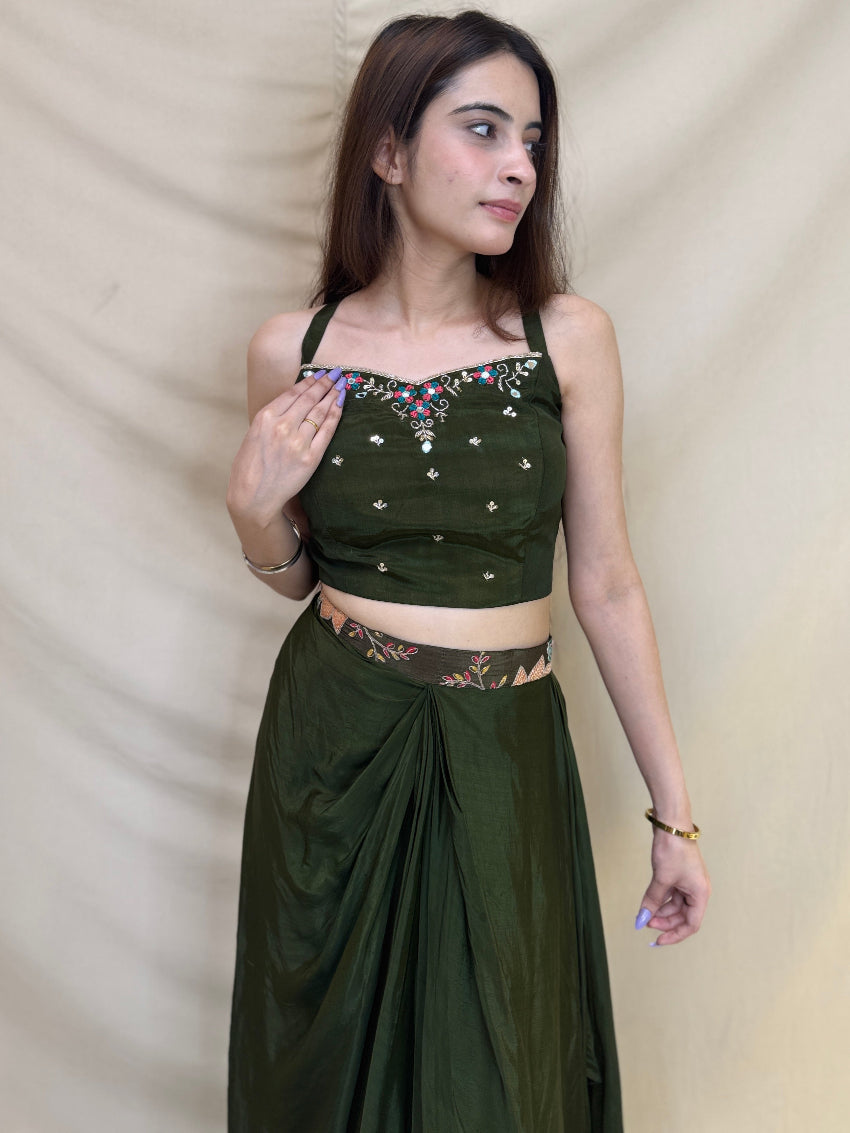 Mehandi Color Indo Western Dhoti with heavy embroidered crop jacket and a bustier