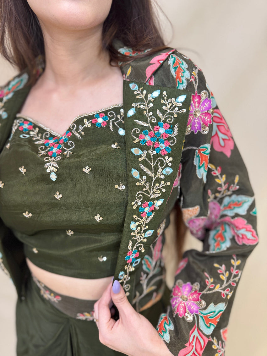Mehandi Color Indo Western Dhoti with heavy embroidered crop jacket and a bustier