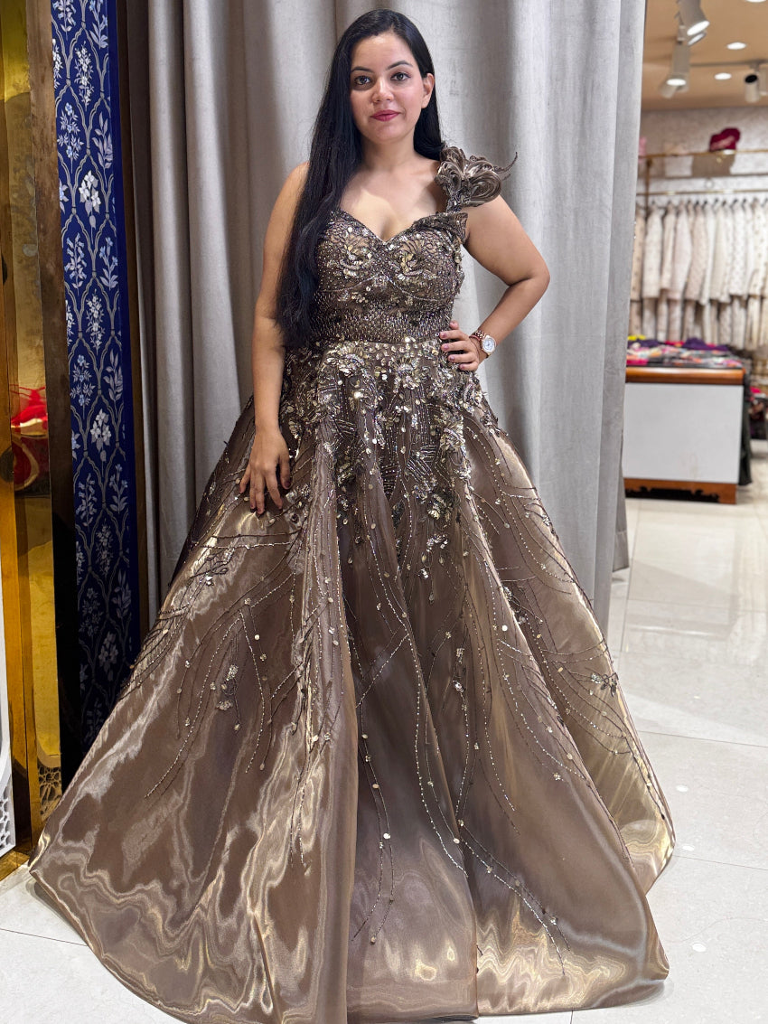 Metallic coffee brown designer corset style ball gown with 3D hand embroidery