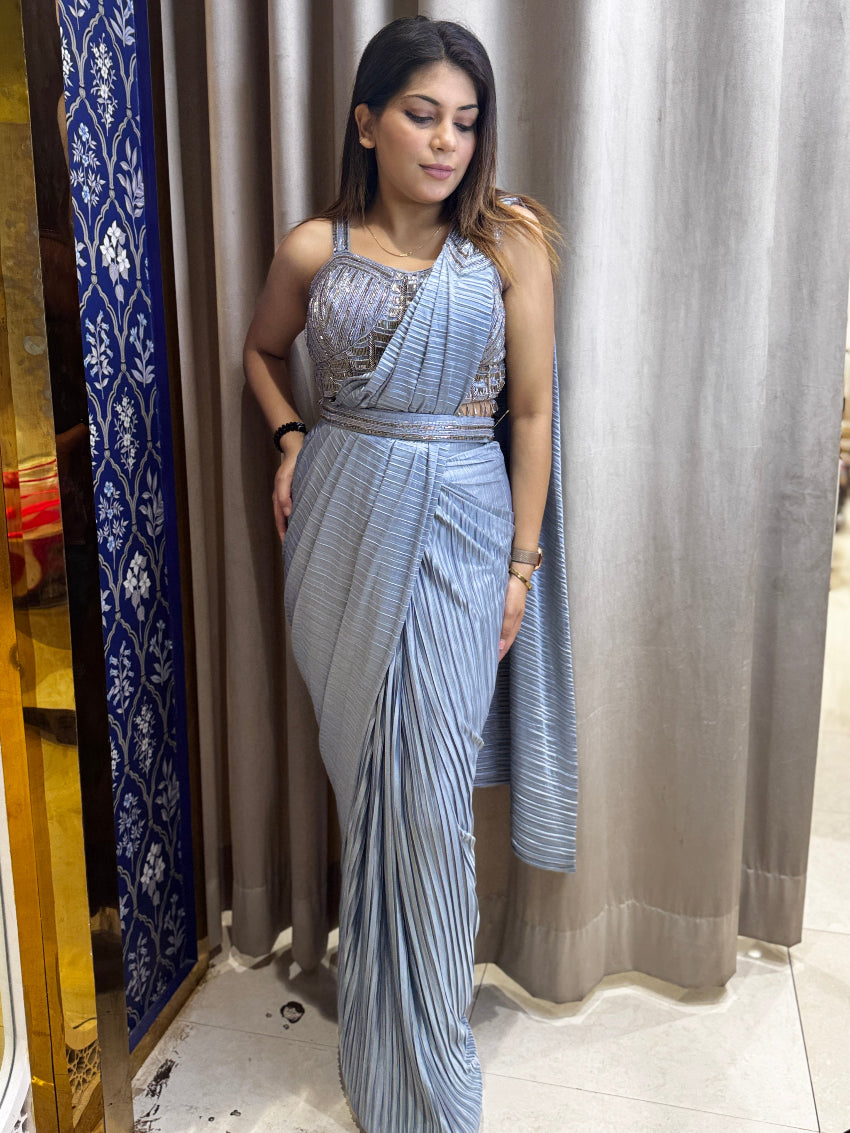 Metallic grey drape saree in pleated fabric with belt and designer bustier