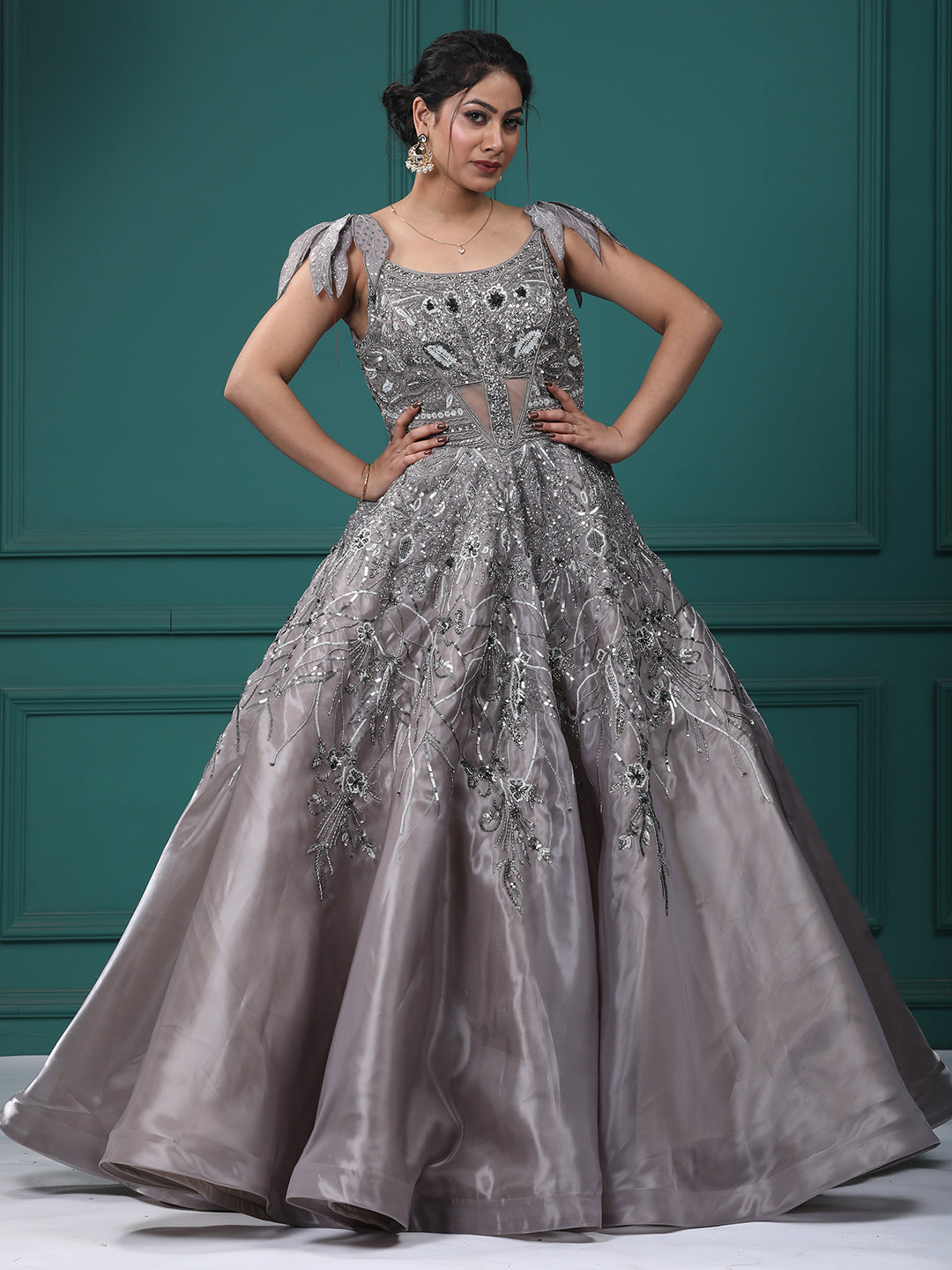 Mettalic Grey Organja Handwork Ball Gown
