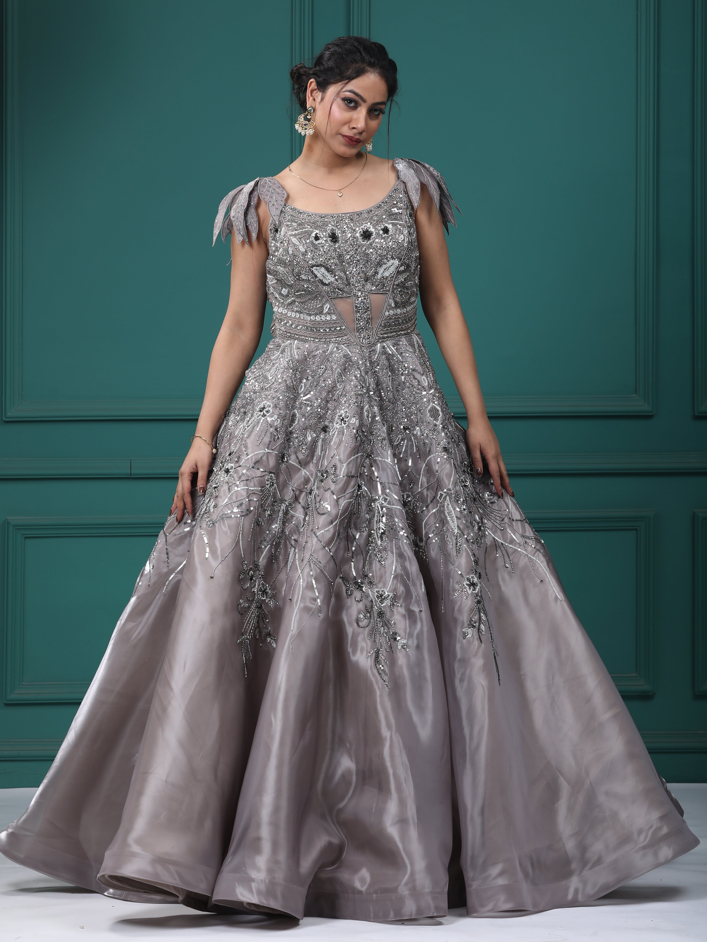 Mettalic Grey Organja Handwork Ball Gown