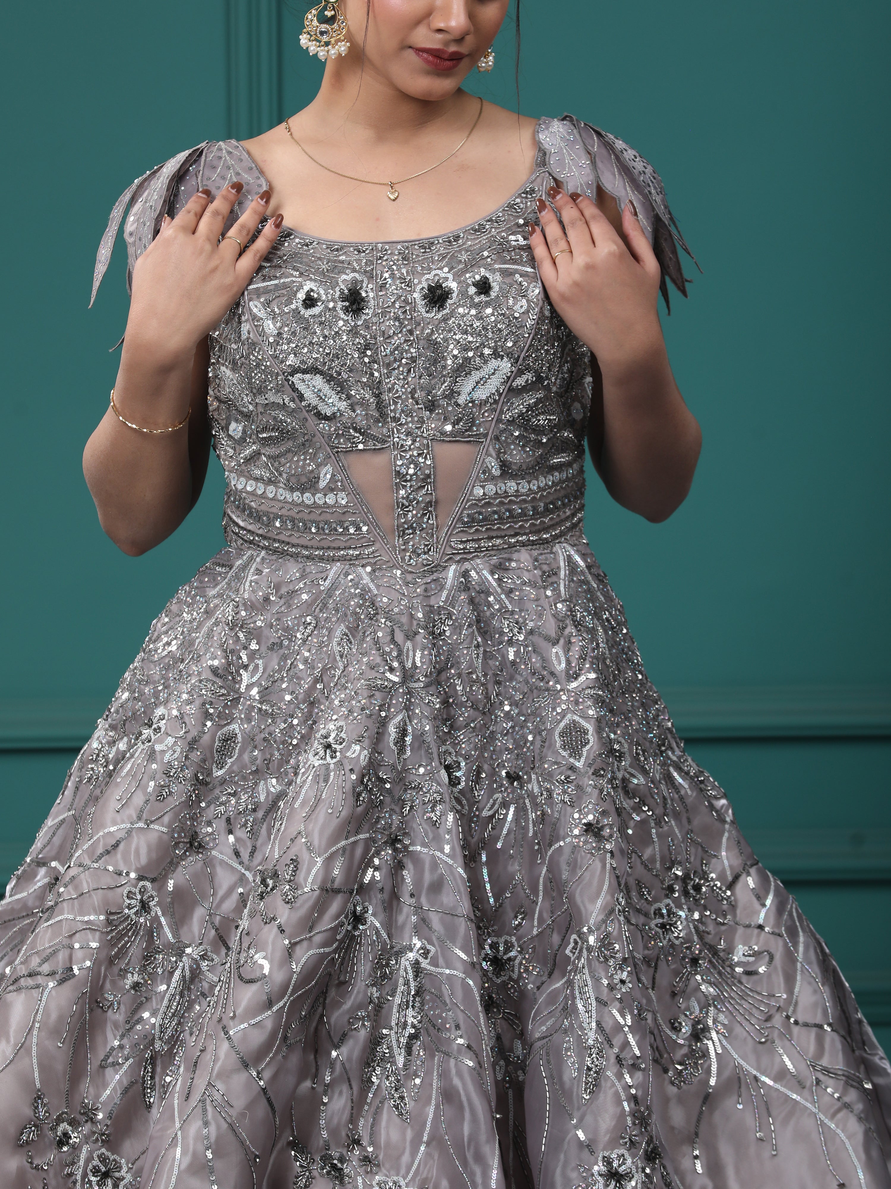 Mettalic Grey Organja Handwork Ball Gown