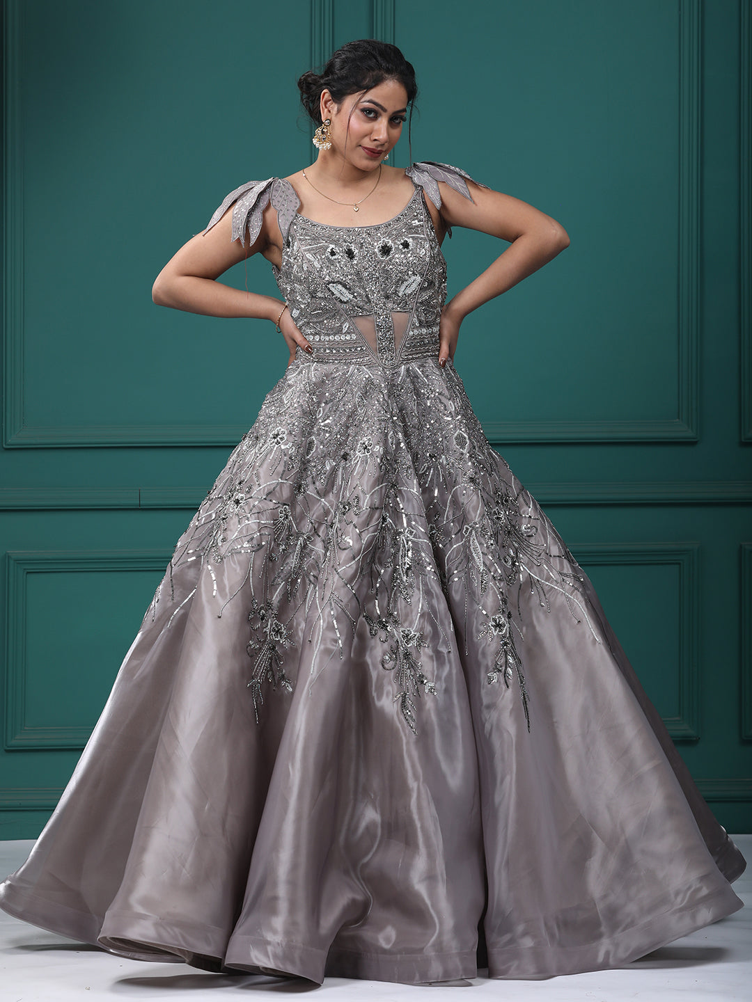 Mettalic Grey Organja Handwork Ball Gown