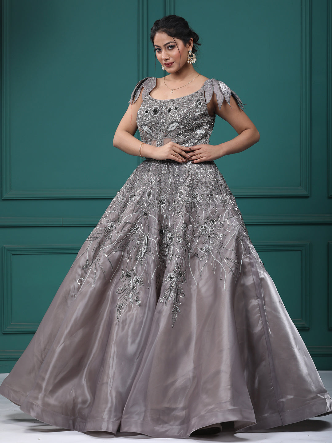 Mettalic Grey Organja Handwork Ball Gown