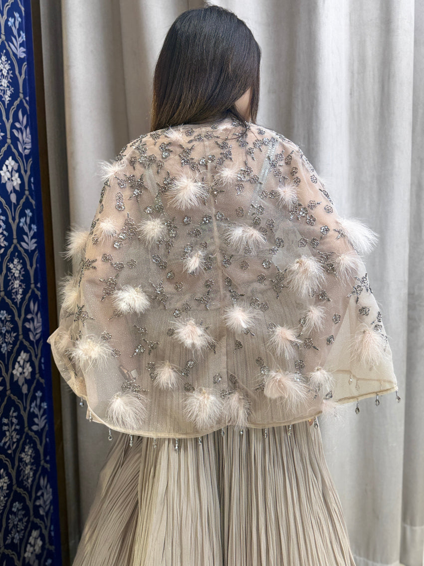 Mocha mousse hand embroidered designer lehenga and bustier with feather cape