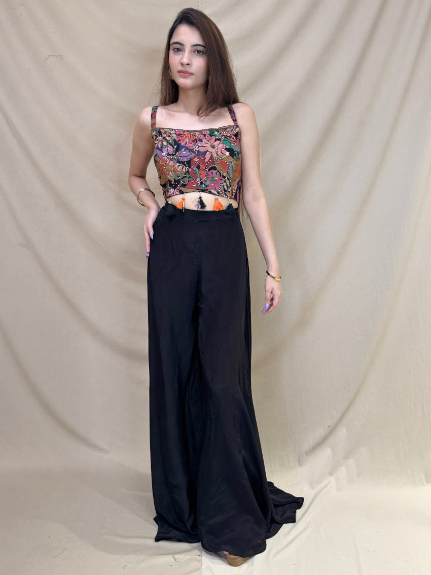 Multi-Colored Leafy Printed Indo-Western Dress with Black Palazzo and Detailing on Shrug and Bustier